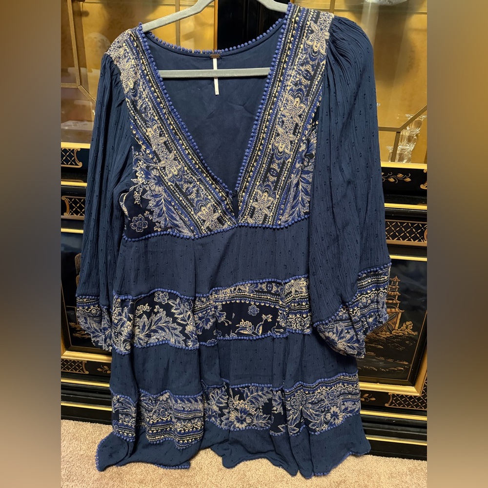 Free People Navy Blue Embroidered V-Neck Mini Dress